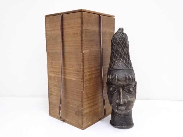 古物　アフリカンアート青銅人物頭像（保護箱）